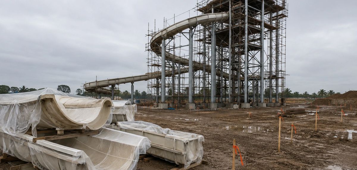 Steel water slide tower under construction with fibreglass flume sections stacked on site