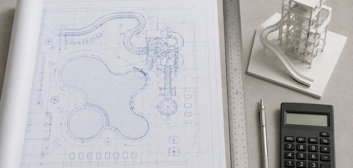 Technical drawing of an aquatic layout with a scale ruler, calculator and card model