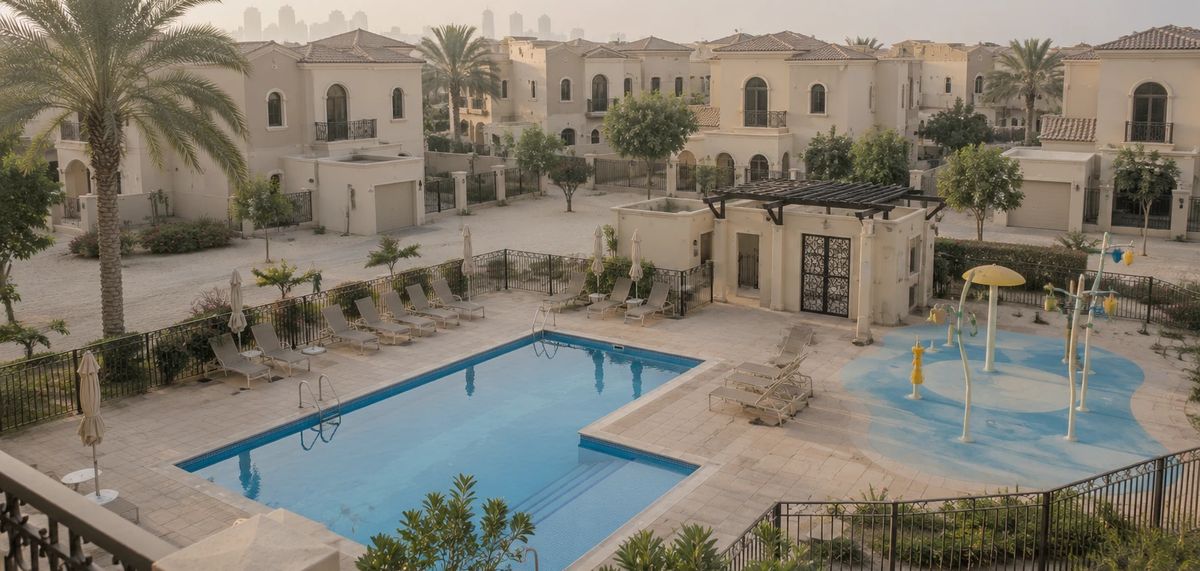Community swimming pool and children's water feature in a Gulf residential development