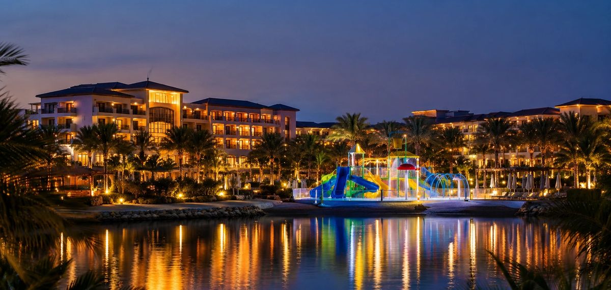 Resort at dusk with an illuminated children's water play area reflected in still water