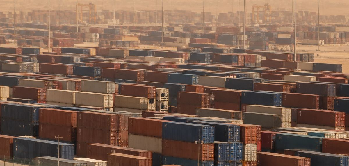 Shipping containers stacked at a desert port terminal in heat haze