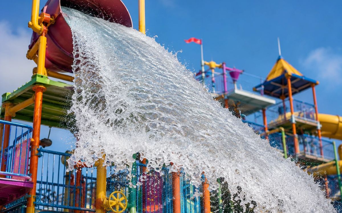 Giant tipping bucket releasing water over a multi-level children's water play structure