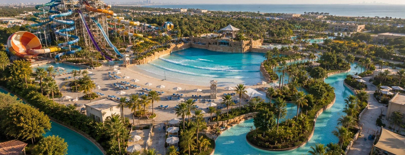 Commercial water park layout with wave pool, lazy river, slide tower and children's water play zone